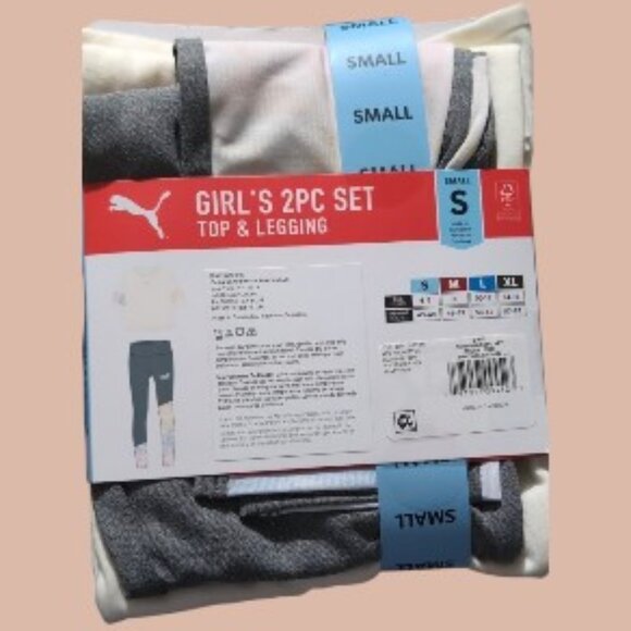 Puma Girl's Cream/Grey 2 Piece Short sleeve Top and Leggings All Day Comfort Set - Picture 3 of 3